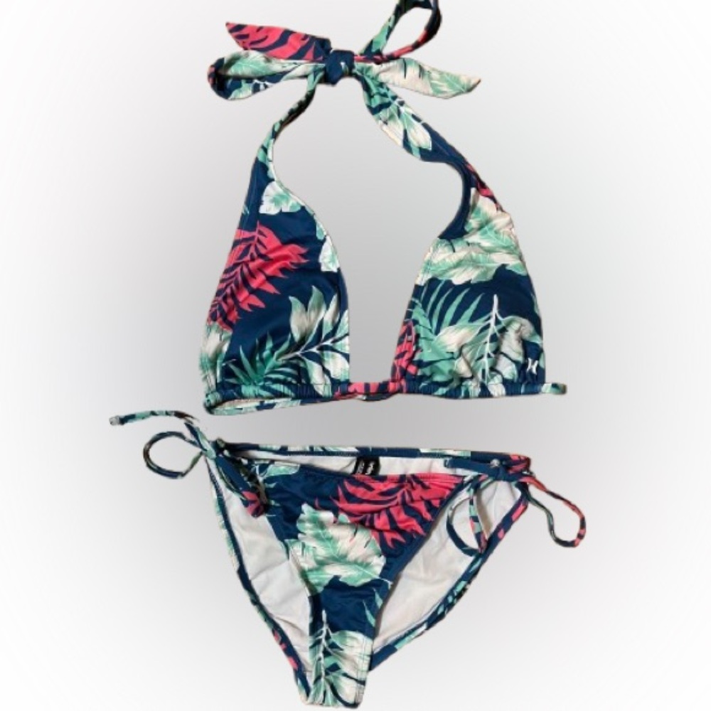 Hurley Navy Tropical Floral Halter Bikini - Green & Coral